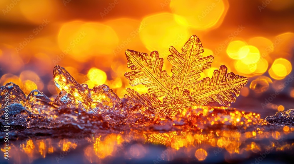 Poster delicate snowflake crystal rests on a snowy surface during a golden sunset featuring a close up view