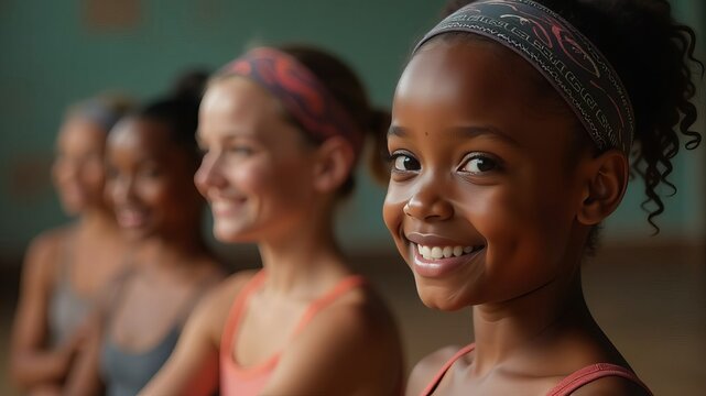 Diverse group of smiling girls in dance class
