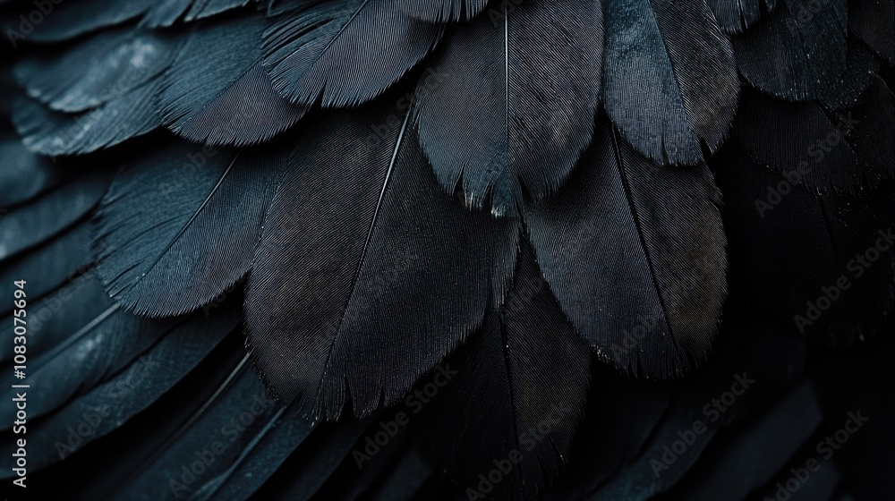 Poster close up of black wing feathers on an abstract dark background showcasing intricate feather texture