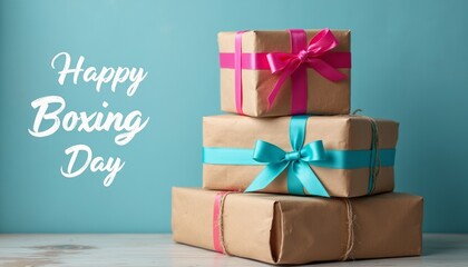 Three beautifully wrapped gifts, adorned with vibrant ribbons, stand proudly against a soothing turquoise backdrop, celebrating the joy of Boxing Day. The warm brown paper contrasts delightfully with