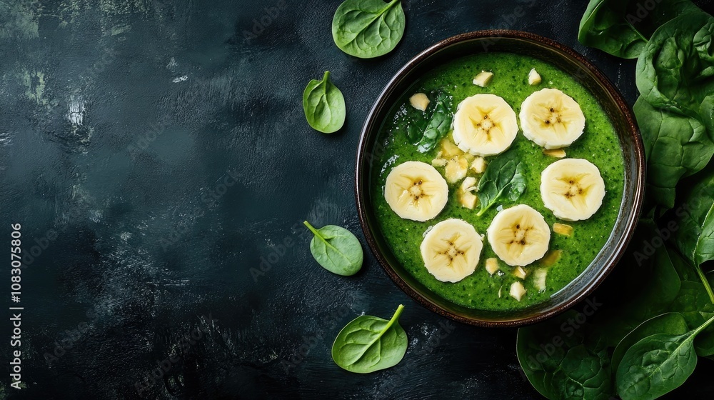 Poster detox green smoothie bowl made with banana and spinach on a dark backdrop emphasizing a healthy food