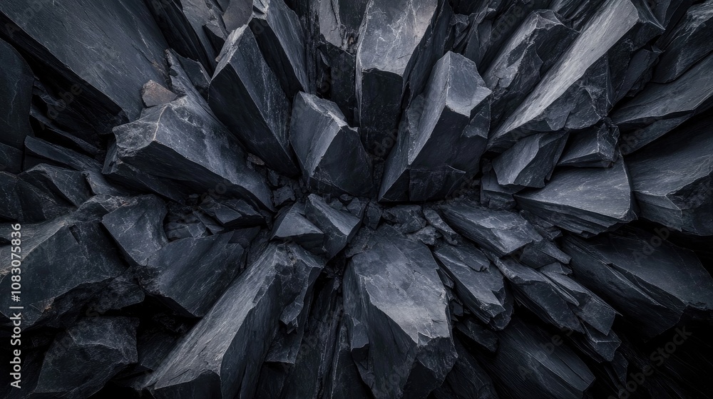 Poster close up of fractured dark rocks showcasing deep crevices and sharp surfaces that highlight the comp