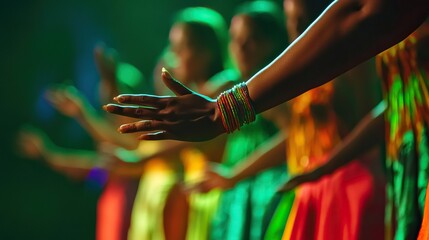Vibrant traditional dance performance with colorful attire and beaded jewelry