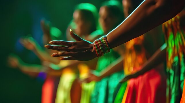 Vibrant traditional dance performance with colorful attire and beaded jewelry