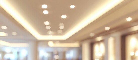 Blurred perspective of a contemporary white ceiling illuminated by stylish lighting fixtures interior design ambiance