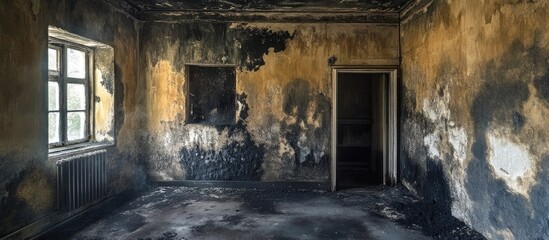 Aged interior walls covered in black mold and stains highlighting the need for restoration and cleaning methods