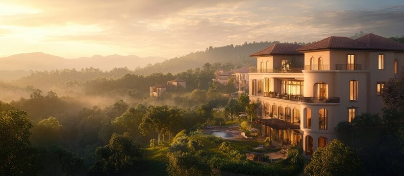 Aerial view of an upscale villa complex surrounded by lush greenery showcasing luxury accommodations and serene landscapes