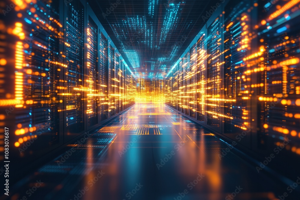 Poster an illuminated corridor within a high-tech data center showcasing vibrant lights and server racks du