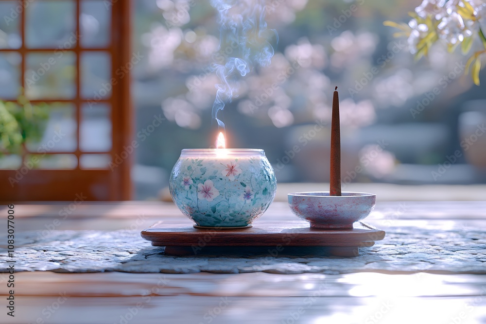 Poster a serene setting featuring a lit candle and incense, creating a calming atmosphere.