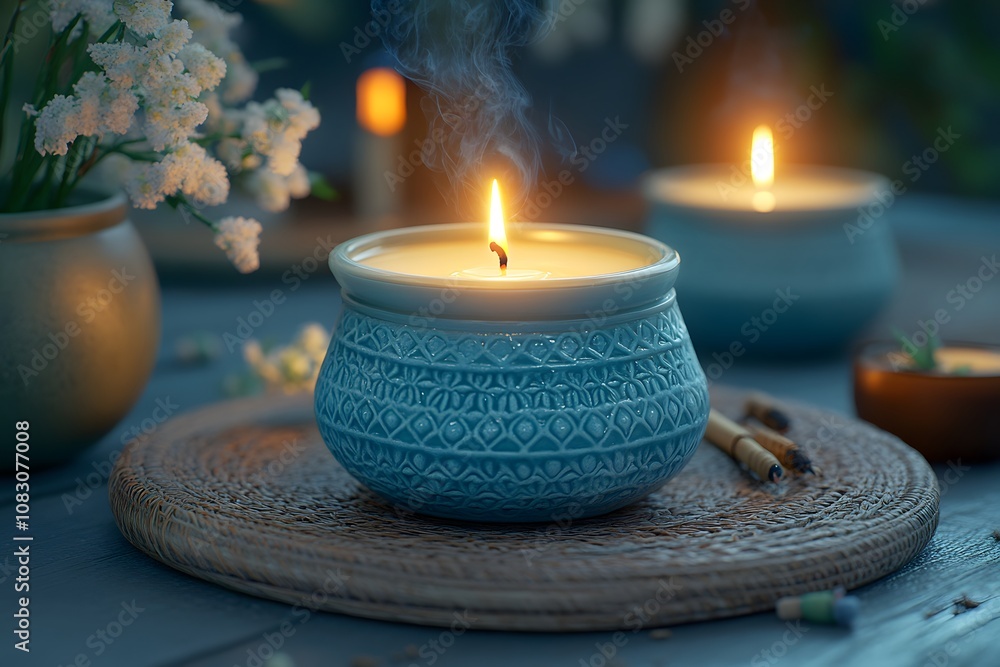 Poster a serene setting with lit candles, creating a calming atmosphere.