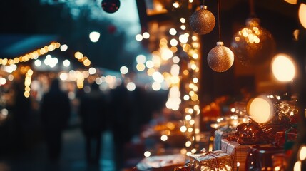 Obraz premium Festive holiday market with glowing lights and ornaments, AI