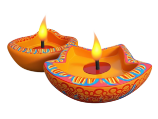 Two lit diya lamps, traditional Indian oil lamps, isolated on transparent background. Diyas decorated with colorful patterns. Lit with flames. Image used for celebration, holiday, festival, greeting,