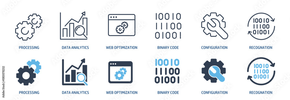 Poster data analytics line and glyph solid icons collection. minimal icon and symbol series vector illustra