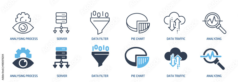 Poster data analytics line and glyph solid icons collection. minimal icon and symbol series vector illustra