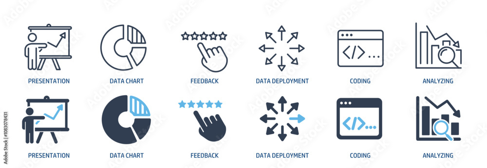 Poster data analytics line and glyph solid icons collection. minimal icon and symbol series vector illustra