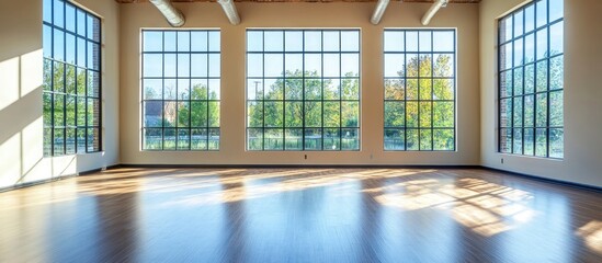 Fototapeta premium Bright empty room featuring large windows and sleek laminated flooring perfect for interior design inspiration