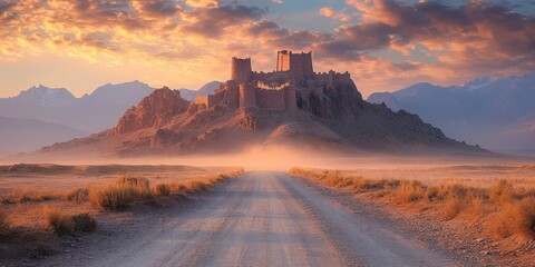 Fototapeta premium Dirt road leading to ancient city ruins under vibrant sunset sky