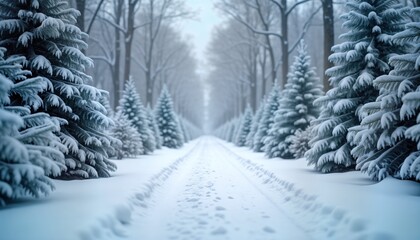 Fototapeta premium Snowy pathway through winter forest. Evergreen trees are covered with fresh snow. Footprints in snow lead towards bright and serene winter landscape. Ideal for greeting cards or social media posts.
