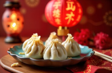 Plate of dumplings with chopsticks. Red lantern with Chinese characters. Traditional New Year celebration in China. Chinese culture, Asian food, festival, holiday, background, red background, new