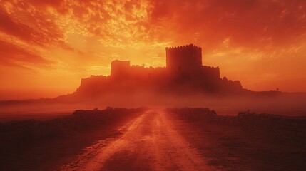 Fototapeta premium Desert road leading to ancient city ruins at sunset, concept of history, adventure, and mystery