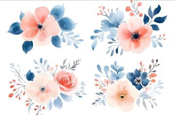 A charming watercolor clipart collection of Four cute watercolor floral bouquets in the style of Japanese woodblock print with one large flower an