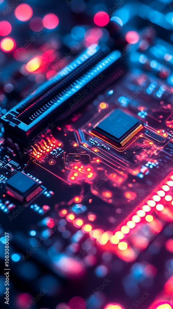 Poster intricate computer motherboard close-up showcasing advanced technology and components.