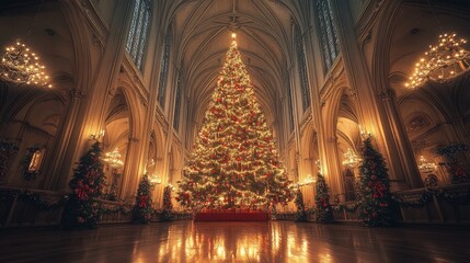 Obraz premium Majestic Christmas tree in a grand cathedral setting
