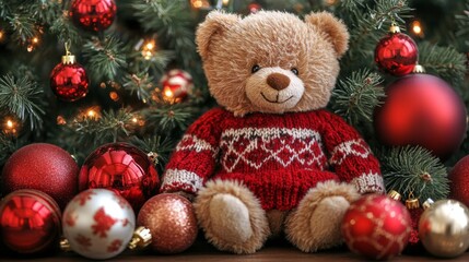 Teddy Bear in Red Sweater Amidst Christmas Ornaments and Lights