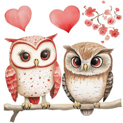 Obraz premium Two cute cartoon owls sit on branch. One owl red with hearts pattern, another brown. Look at. Above two big red hearts, pink flowers. Watercolor illustration for Valentine Day card. Transparent png.