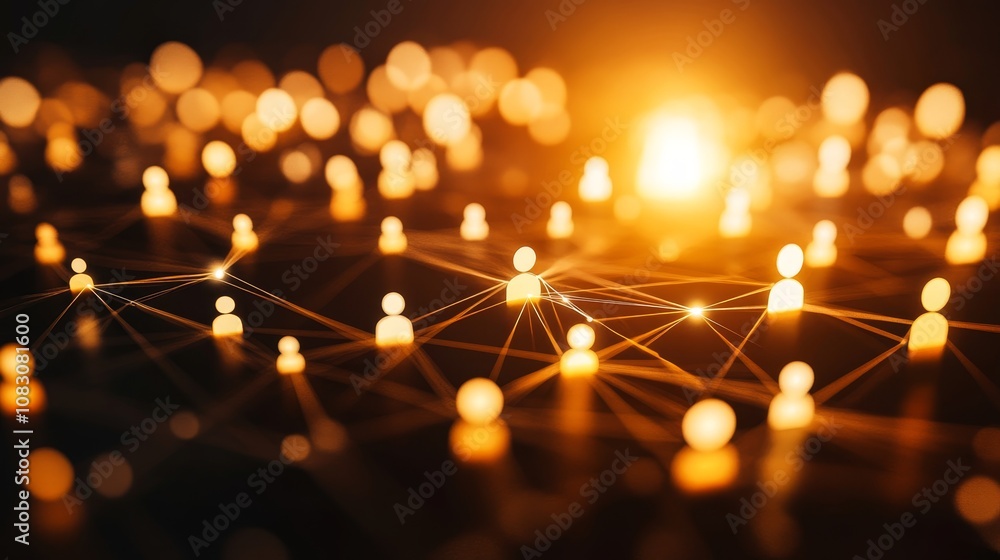 Poster Illuminated Network Digital Representation of Interconnected Human Figures, 3D Rendering