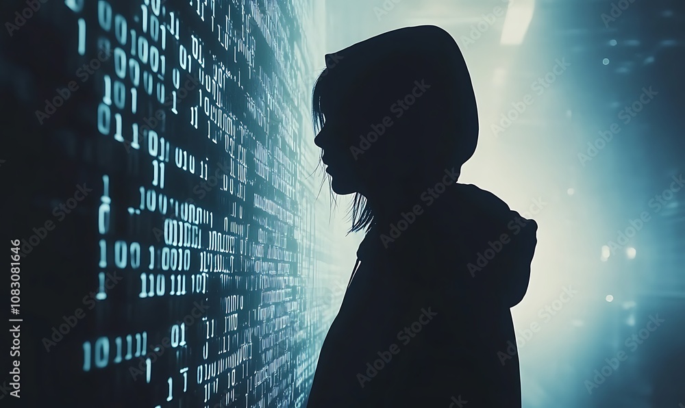 Aufkleber a silhouetted figure in a hoodie stands against a backdrop of binary code.