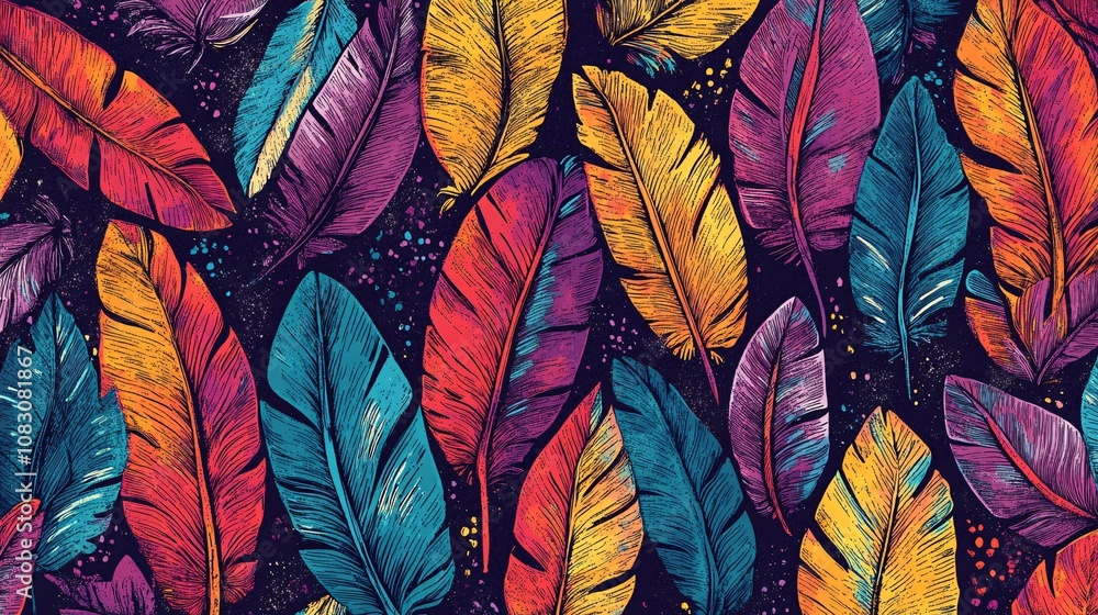 Poster abstract pattern with line-drawn feathers