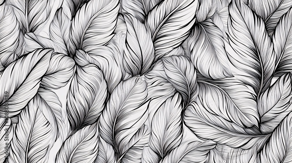 Poster abstract pattern with line-drawn feathers