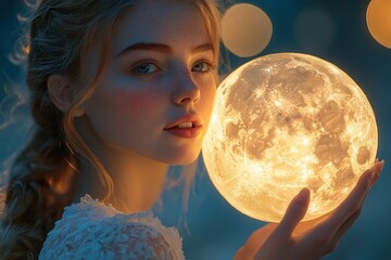 Naklejka premium Enchanting girl with a glowing moon, surreal dreamy atmosphere