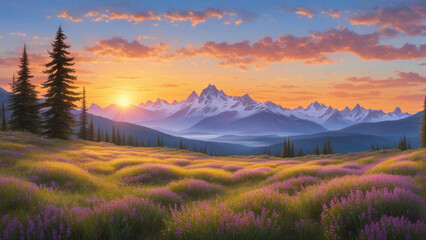 Obraz premium A vibrant sunset illuminates a field of wildflowers with a majestic mountain range in the background.