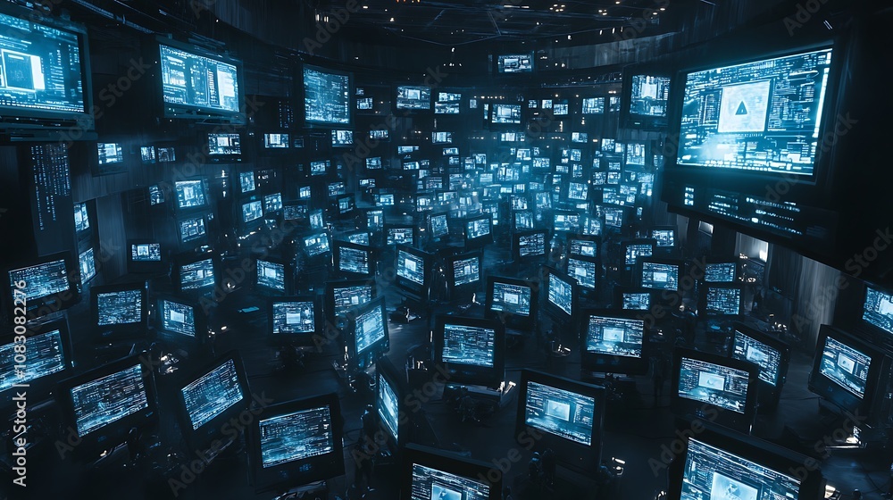 Poster a vast room filled with numerous screens displaying data and graphics, suggesting a high-tech enviro