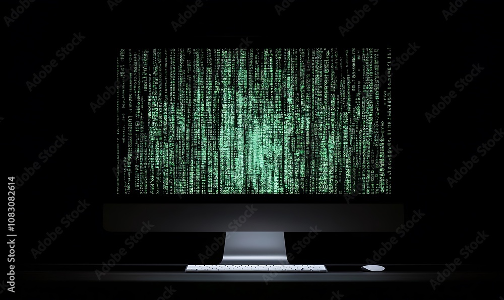Poster a computer monitor displaying green matrix-like code against a dark background.