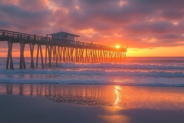 Fototapeta premium A serene sunset view of a pier over calm waves, reflecting vibrant colors in the water.