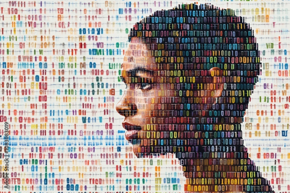 Poster a human profile is overlaid with vibrant genetic code symbols, symbolizing the intersection of human