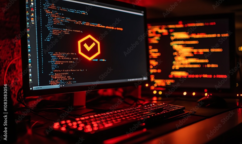 Poster a dimly lit workspace featuring programming code on screens with a glowing logo.