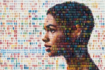 A human profile is overlaid with vibrant genetic code symbols, symbolizing the intersection of humanity and biotechnology. Generative AI