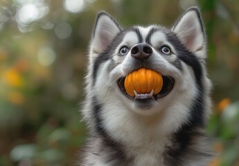 Obraz premium Here's a description and keywords for the image.. Husky dog holding small pumpkin.