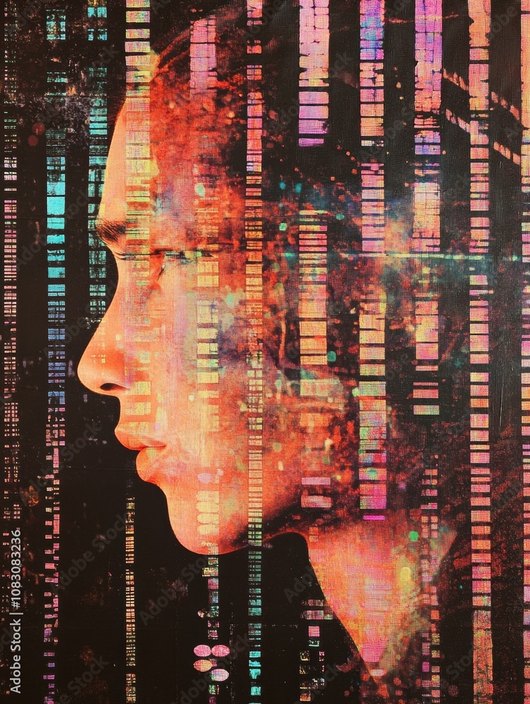 Aufkleber A human profile is creatively overlaid with rows of genetic code, illustrating the blend of life and advanced science. Generative AI