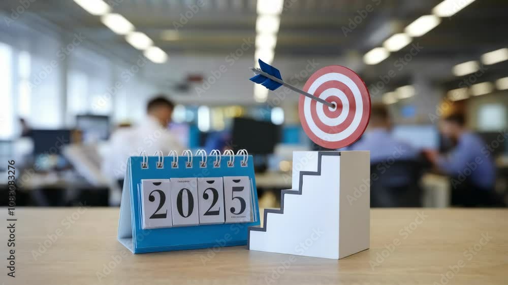 Poster a calendar for 2025 with a target and arrow symbolizing goal-setting and progress.