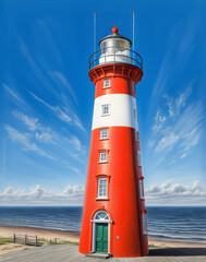 Fototapeta premium Red lighthouse in the sunshine on the beach of the Dutch North Sea coast, version 1