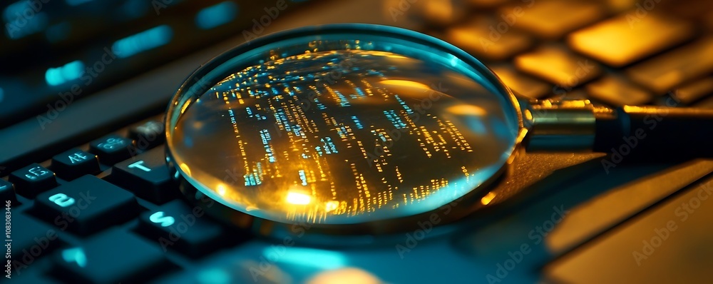 Aufkleber a magnifying glass over a keyboard, highlighting digital data or code.