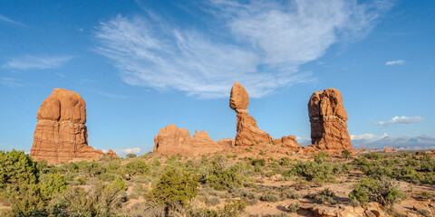 Balanced Rock formation in Arches National Park at sunset