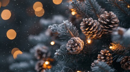 Snow-dusted pine tree branches adorned with pine cones and warm lights.