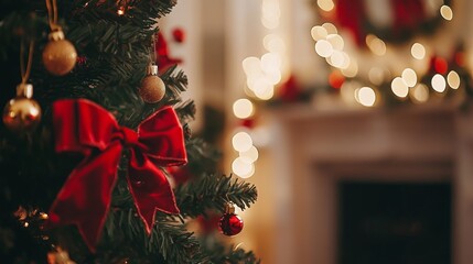 Christmas tree ornament with red bow, gold baubles, blurred festive background.