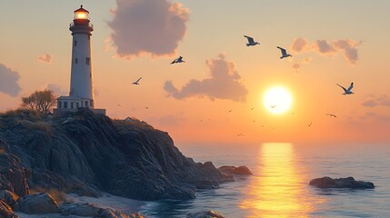 A serene lighthouse at sunset, surrounded by rocks and seagulls, reflecting tranquility.